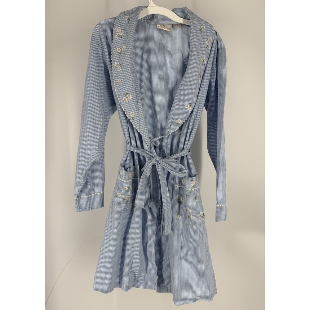 Vintage 90s Blue Gingham Daisy Embroidered Cotton Robe Cottagecore S